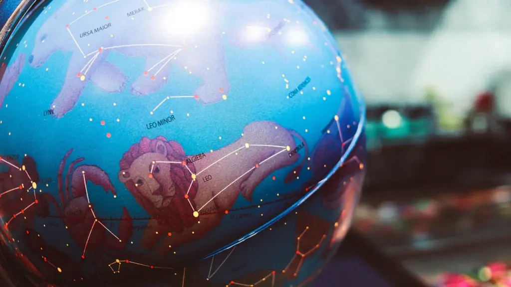 Spindantis dangaus gaublys su pavaizduotais zodiako žvaigždynais tamsiame fone