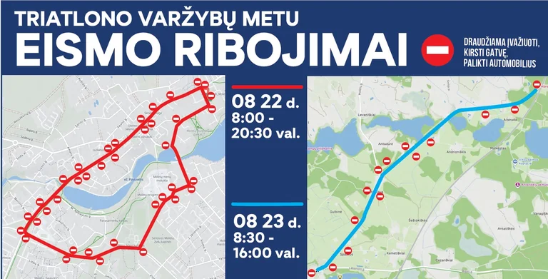 Triatlono taurė Molėtuose: rugpjūčio 22–23 d. ribos eismą