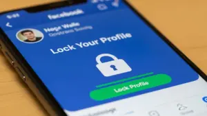 Išmanusis telefonas su atidarytu „Facebook“ profilio užrakinimo nustatymų ekranu ir spynos piktograma.
