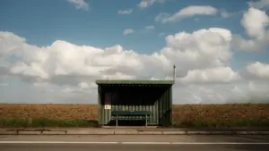 Tuščia autobusų stotelė prie kelio, atspindinti sapnų simboliką ir kasdienę skubą.